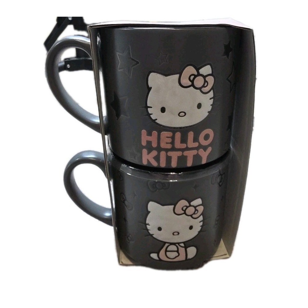 HELLO KITTY 18 oz MUG SET OF 2 By Sanrio‎ GRAY WITH BLACK STARS NEW